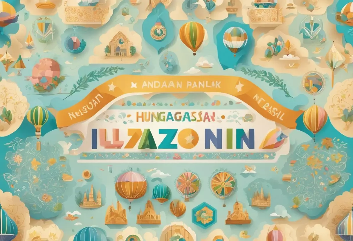 Colorful Hungarian baby names float in the air, surrounded by traditional symbols and patterns