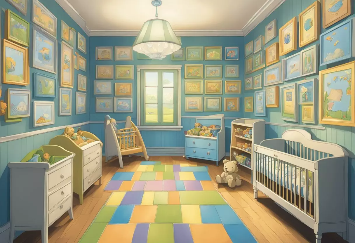 A nursery with a wall covered in colorful name plaques, each displaying a different baby boy's name ending in 