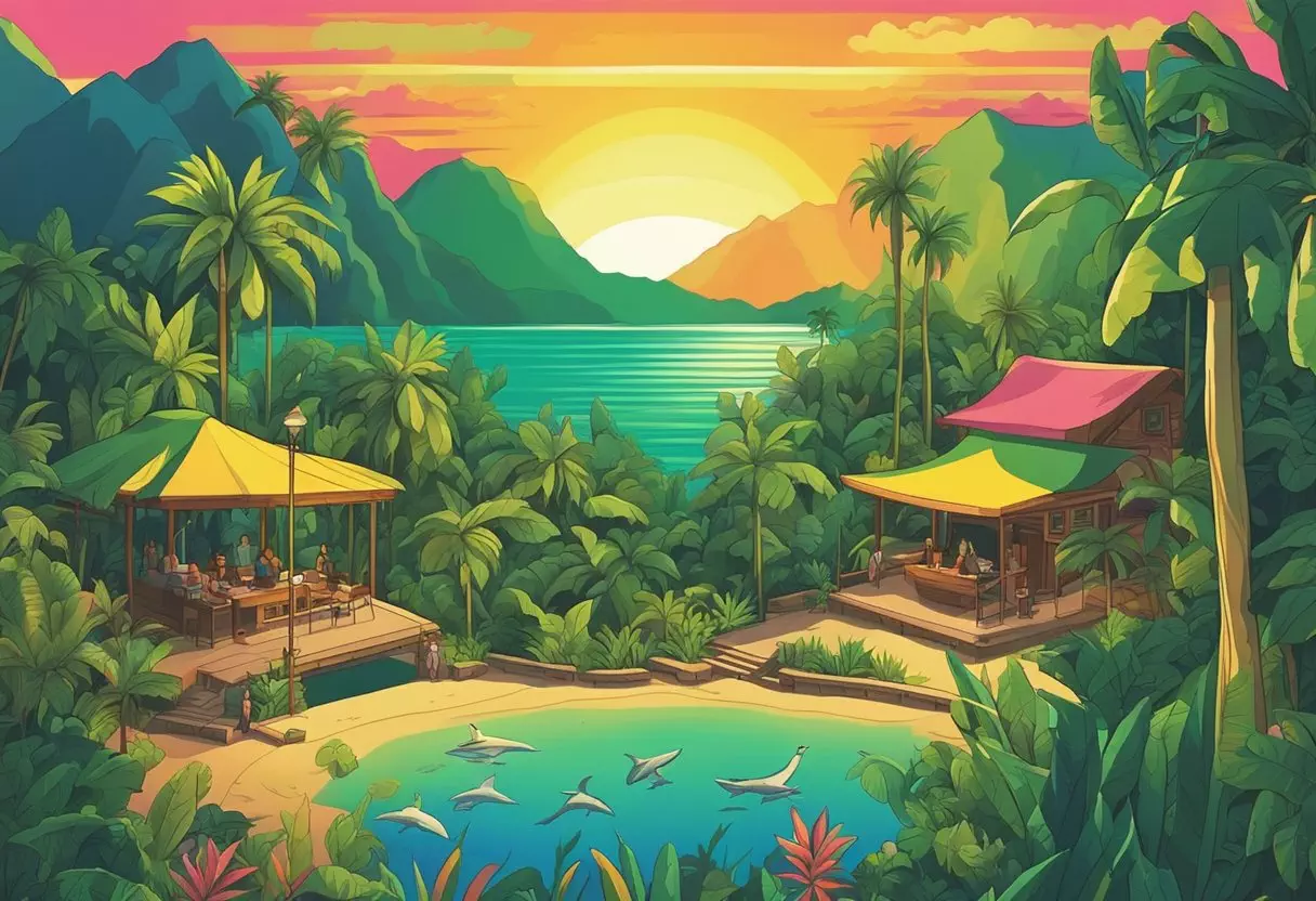 A vibrant tropical landscape with reggae music playing in the background, featuring traditional Jamaican symbols and colors