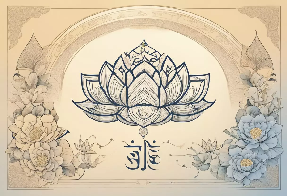 A collection of Jain baby boy names written in elegant calligraphy on a scroll, surrounded by delicate lotus flowers and peaceful symbols