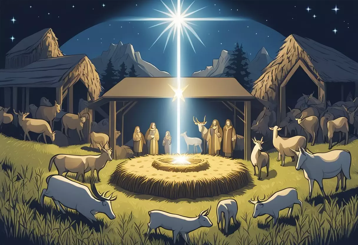 A shining star illuminates a peaceful manger surrounded by animals and hay, with the name 