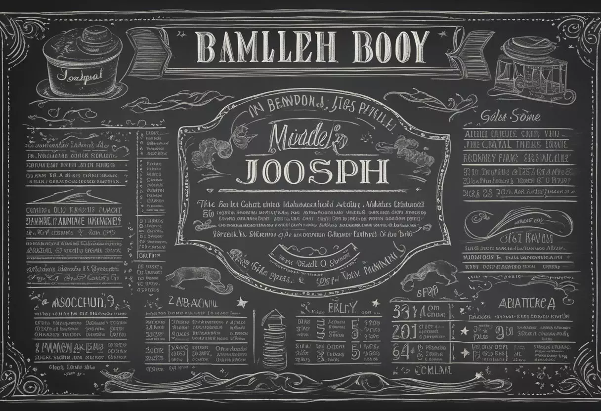 A list of baby boy names with middle name Joseph displayed on a vintage-style chalkboard with colorful chalk lettering