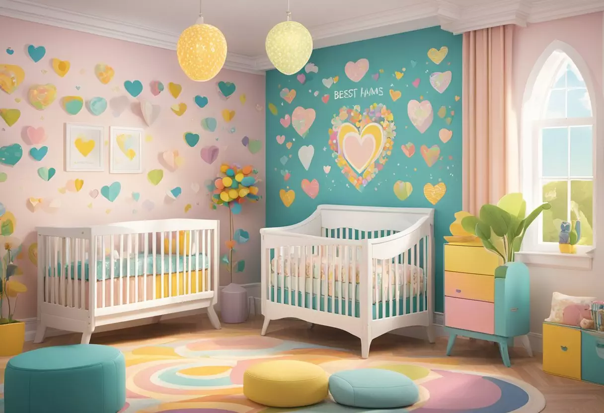 A colorful nursery with a wall adorned with the words 