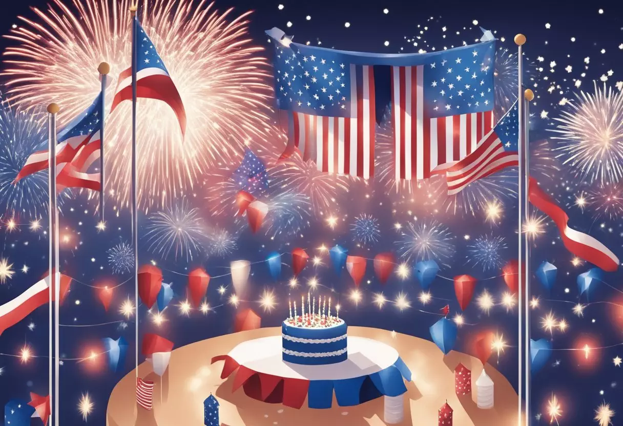 A festive scene with fireworks, American flags, and red, white, and blue decorations