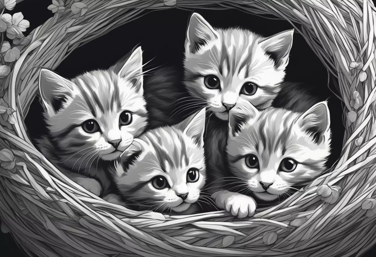 A litter of baby girl kittens playfully exploring a cozy nest, with names written on tiny collars around their necks