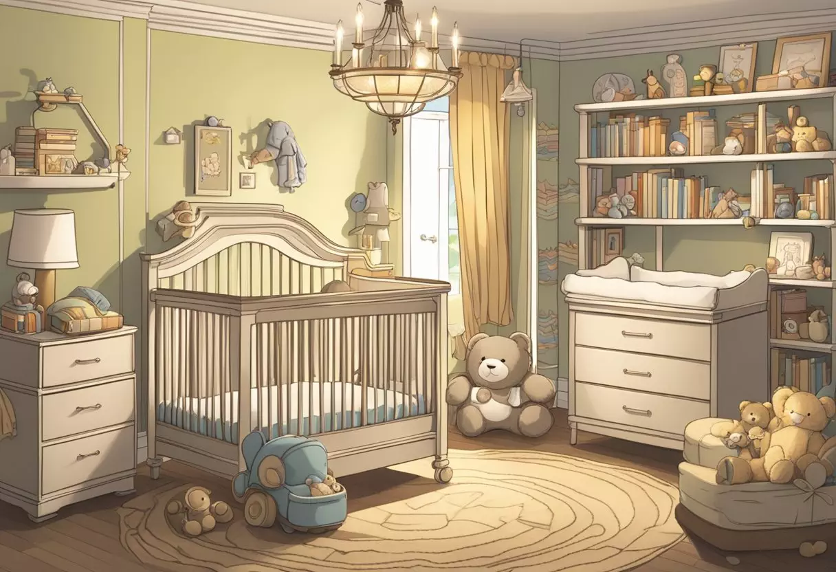 A nursery filled with books and toys, a name plaque reading 