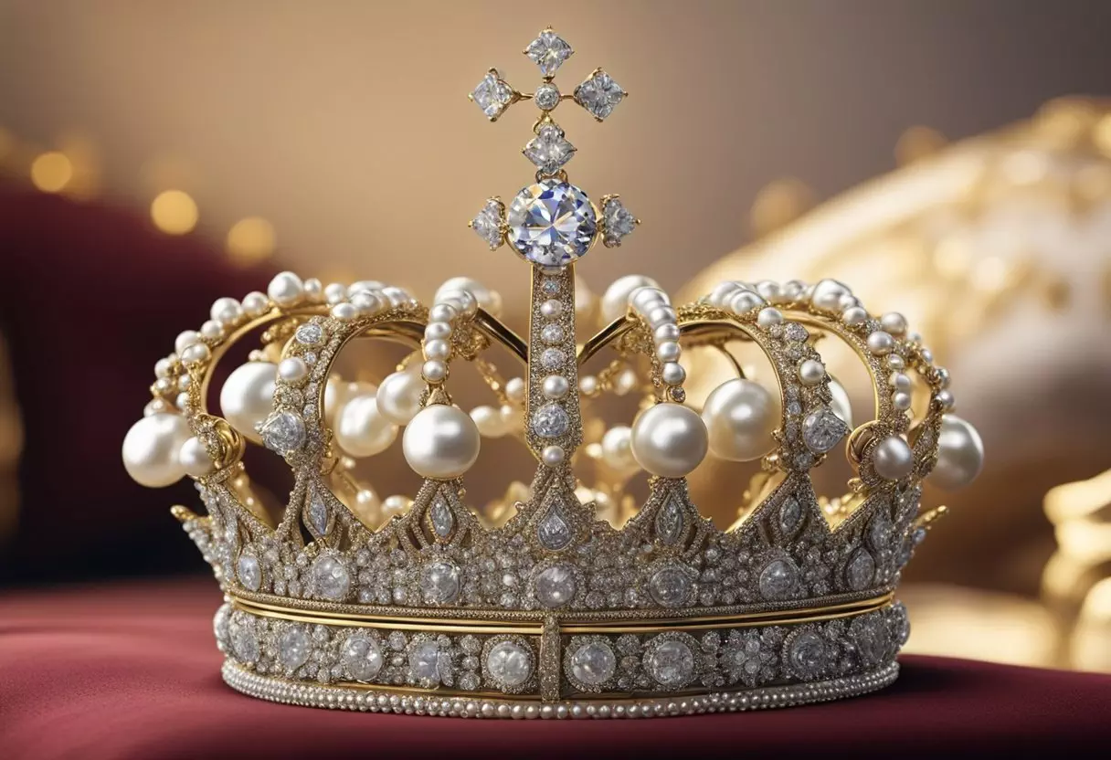 A golden crown sits atop a velvet pillow, surrounded by sparkling diamonds and pearls, with the name 