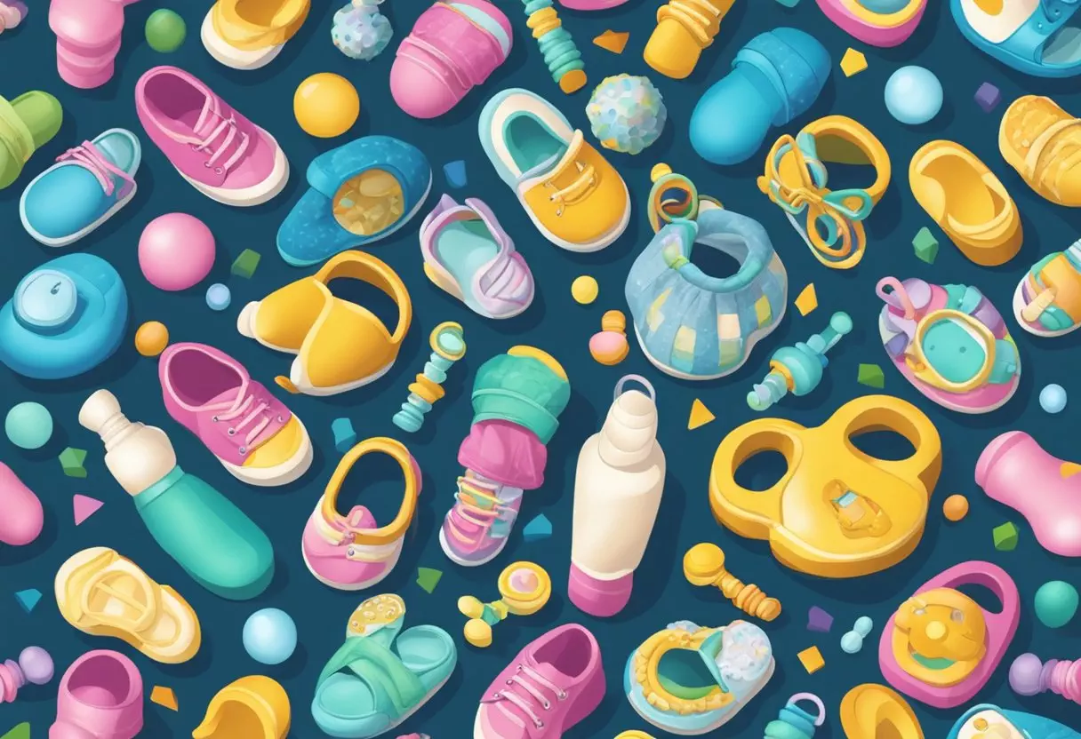 A colorful array of baby items surrounds the name 