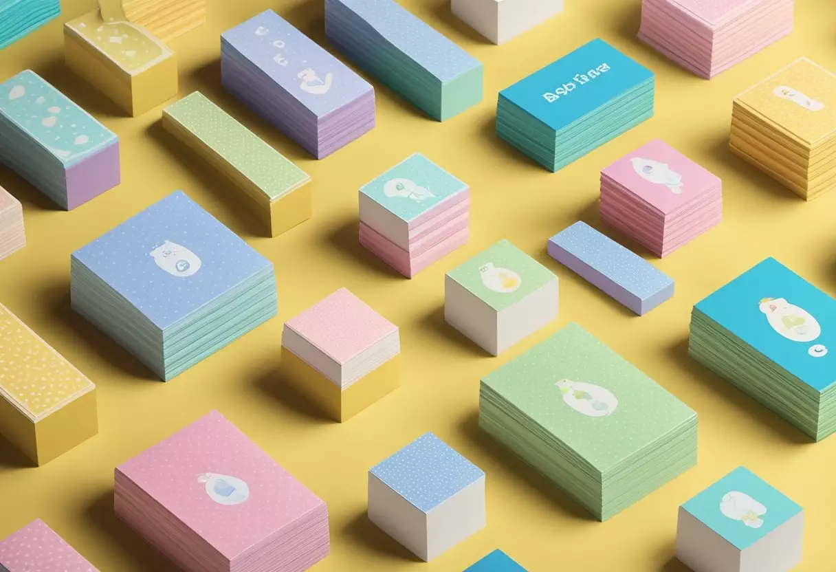 A collection of colorful baby name cards spread out on a table, with various patterns and designs, surrounded by a stack of alphabet blocks