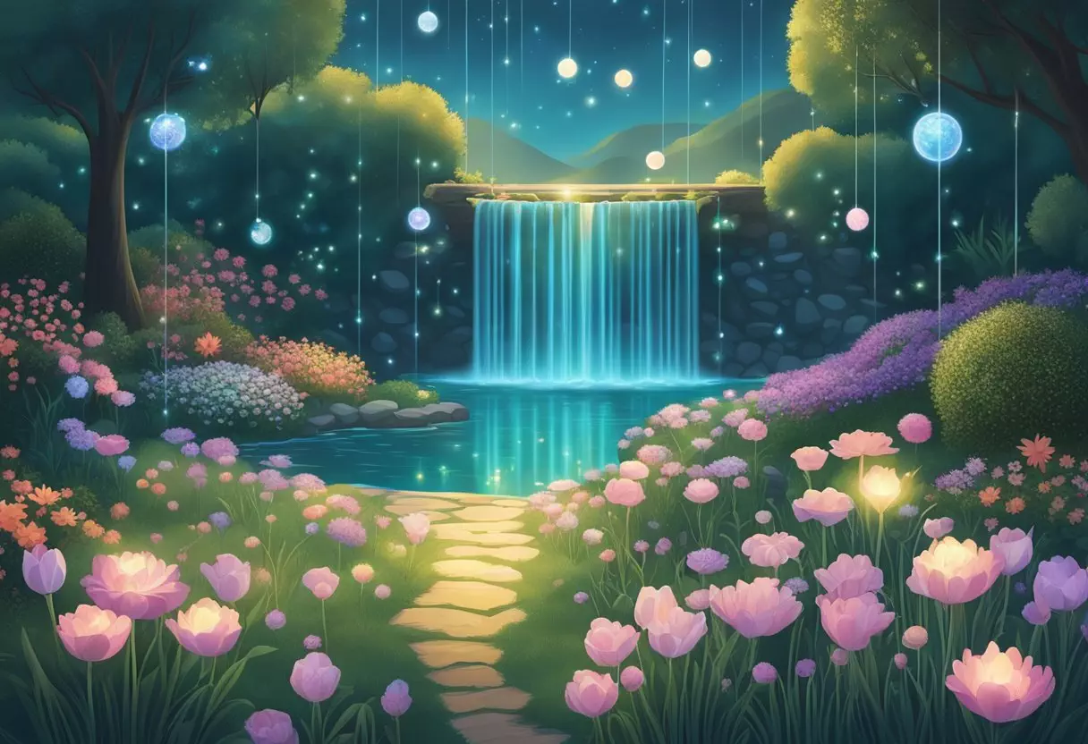 A garden of glowing flowers and floating orbs, with a shimmering waterfall in the background, evoking the essence of mystical baby girl names