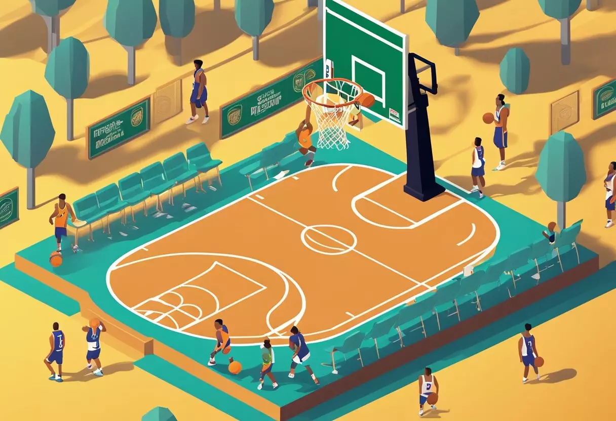 A basketball court with a baby-sized basketball hoop and a tiny basketball, surrounded by NBA team logos and colors