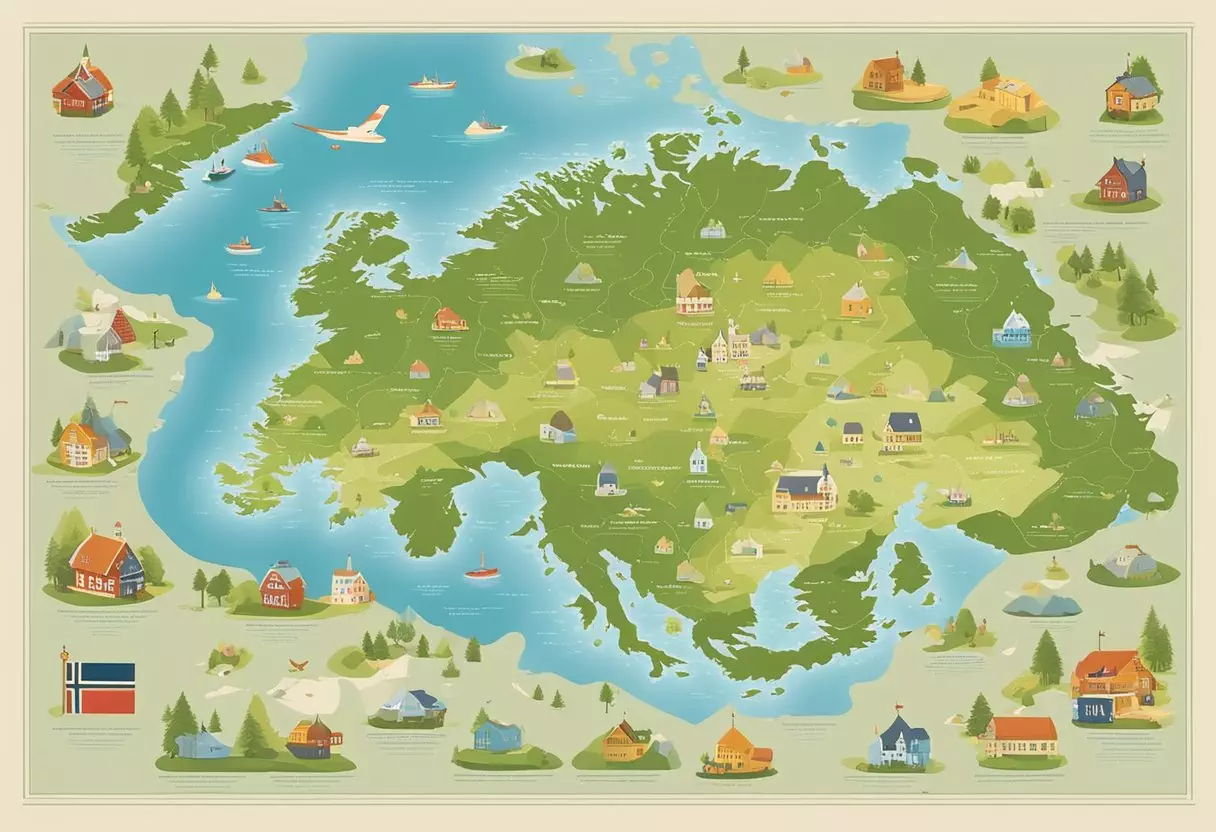 A colorful array of Norwegian baby names displayed on a map of Norway, surrounded by traditional Nordic symbols and patterns