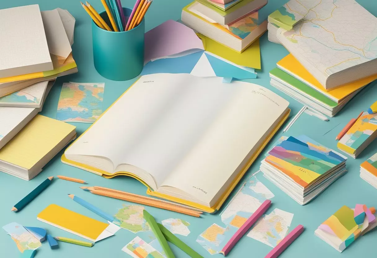 A colorful array of baby name books and maps of Norway lay scattered on a desk, surrounded by pencils and notepads filled with brainstormed ideas