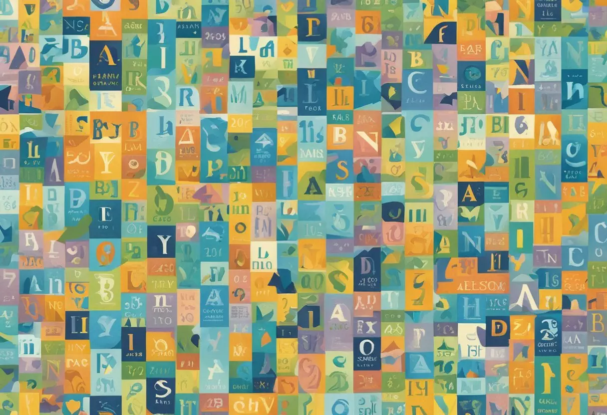 A colorful array of baby boy names displayed on a vibrant backdrop, with each name written in bold, eye-catching fonts