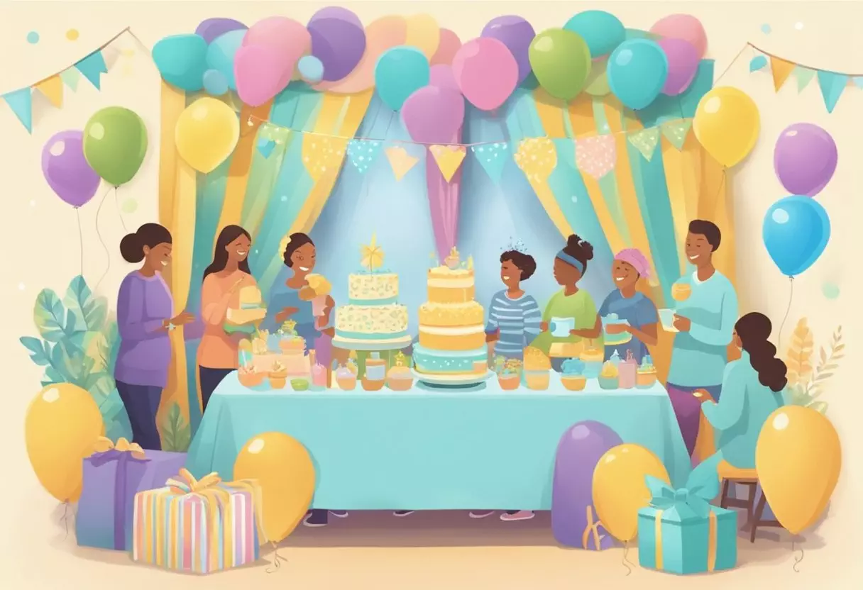 A joyful baby shower with colorful decorations and a banner reading 