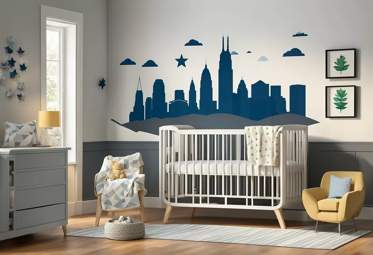 Ohio-themed baby items surround a crib: buckeye mobile, state flag blanket, and Cleveland skyline wall art