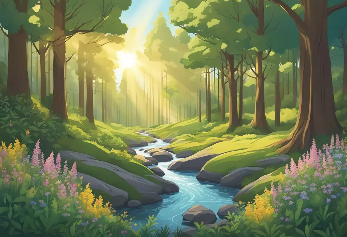 A serene forest clearing with a gentle stream, surrounded by vibrant wildflowers and tall, ancient trees. The sunlight filters through the leaves, casting a warm glow over the peaceful scene