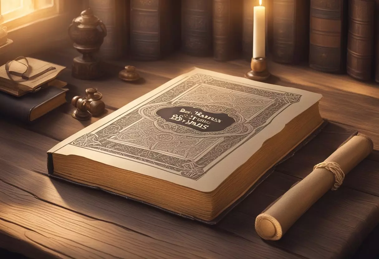 An old English book open on a wooden table with the words 