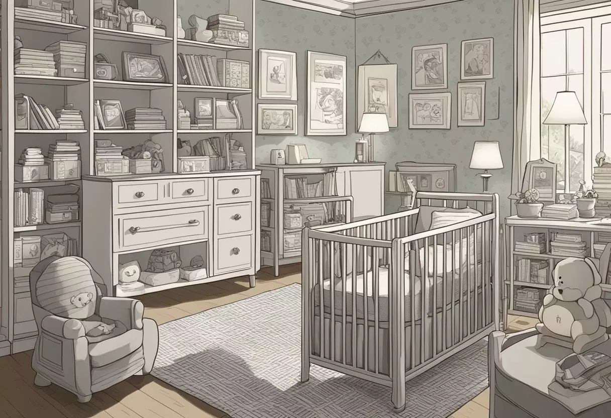 A cluttered nursery with a shelf of baby name books. A TV plays a dramatic soap opera. A crib with a nametag 