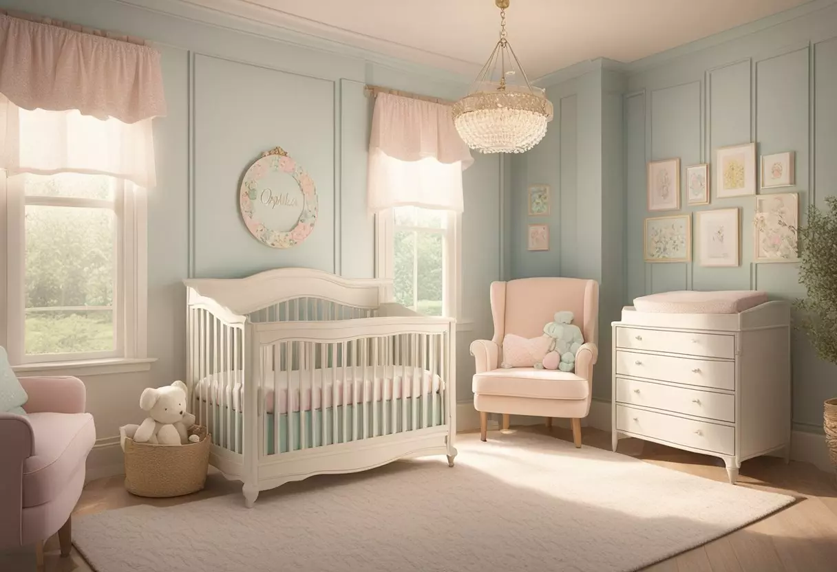 A vintage-inspired nursery with a delicate name plaque reading 