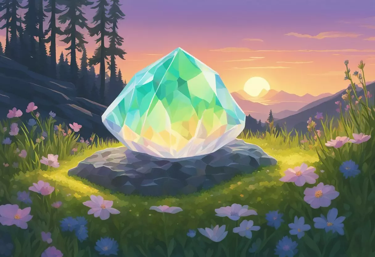 A sparkling opal sits nestled in a bed of soft, green moss, surrounded by delicate wildflowers and bathed in the warm glow of the setting sun