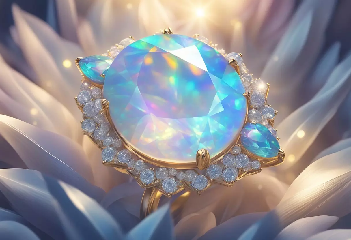 A sparkling opal gemstone sits atop a bed of soft, delicate feathers, surrounded by ethereal light and shimmering reflections