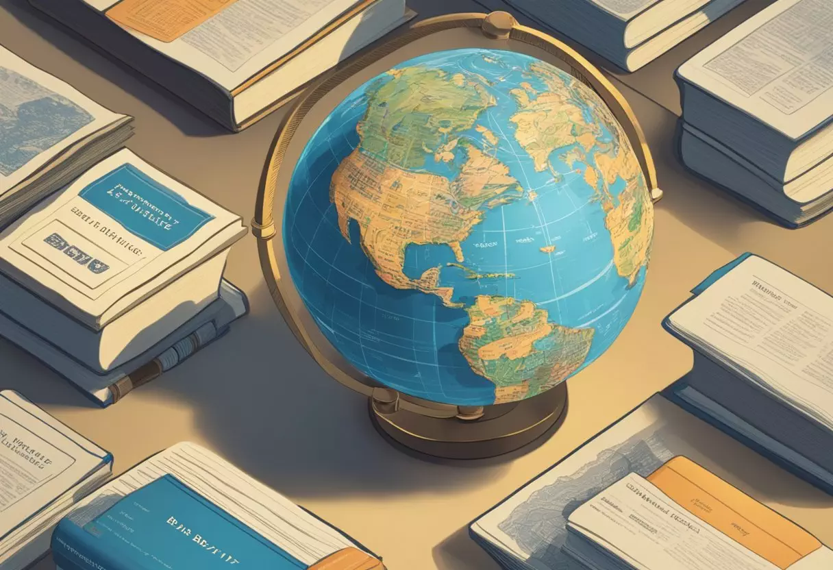 Various language dictionaries surround a globe, with 