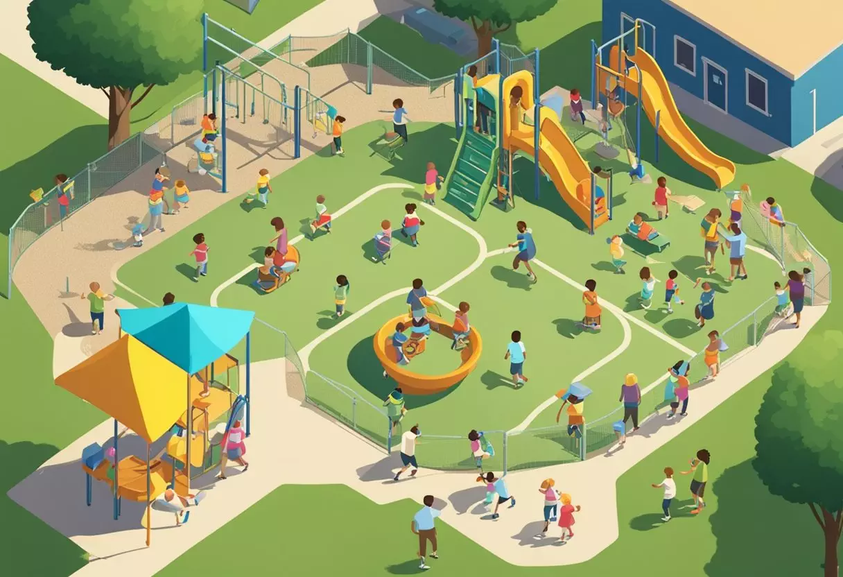 A crowded playground with multiple children responding to the names 