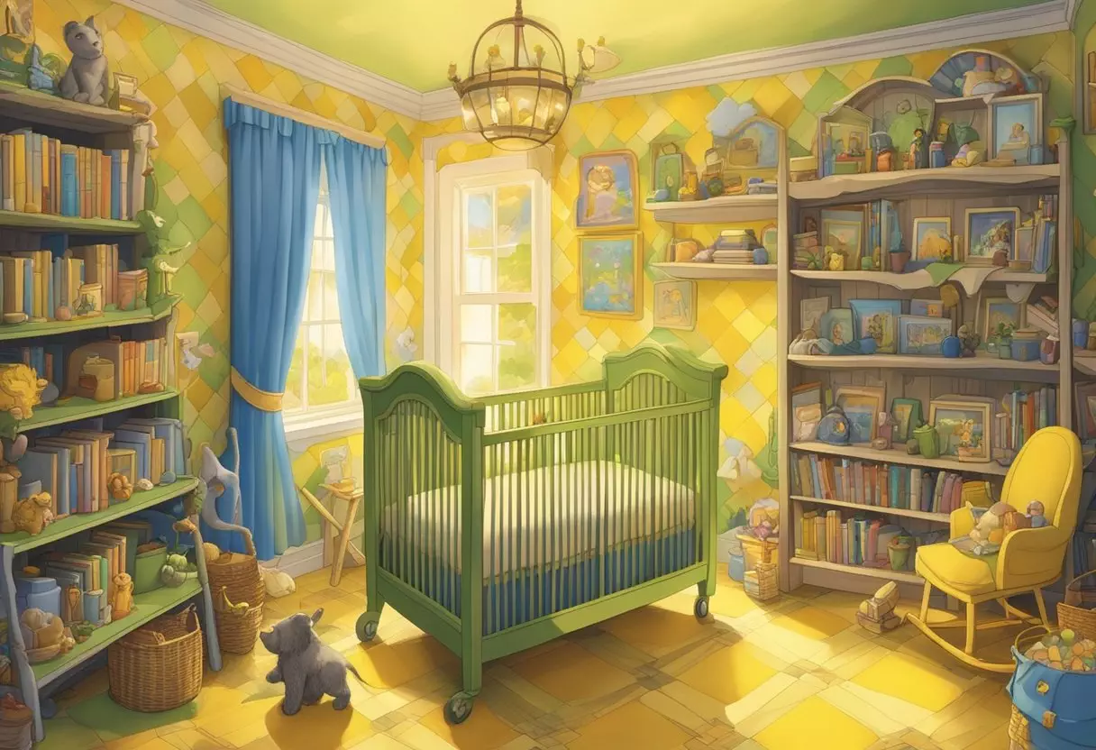 A colorful nursery with bookshelves filled with 