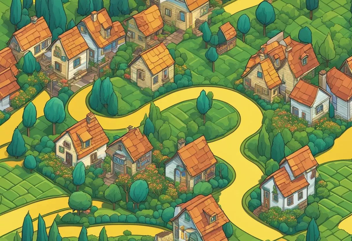 A yellow brick road winding through a colorful land of Munchkin houses, poppy fields, and a towering emerald city