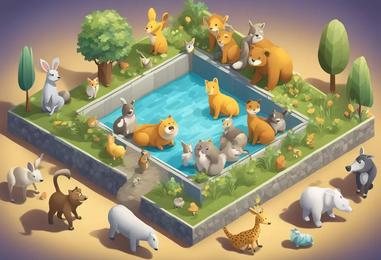 A group of playful animals gathering around a sign that reads 