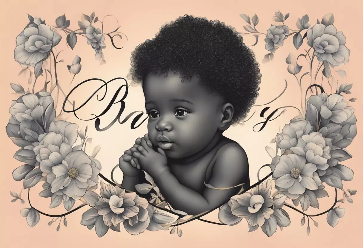 A beautiful black baby girl's name written in elegant script on a pastel-colored background, surrounded by delicate floral accents