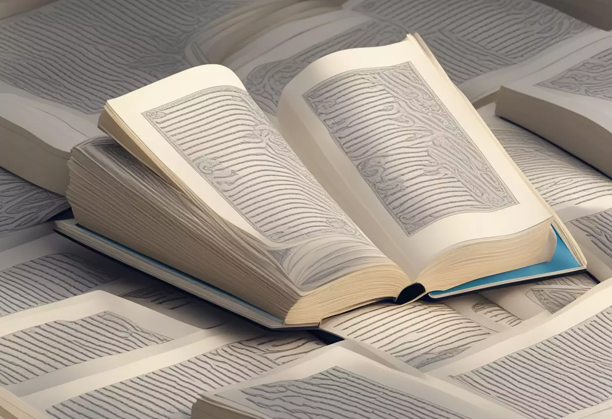 A stack of open Quran books with pages fluttering, surrounded by soft light and a gentle breeze