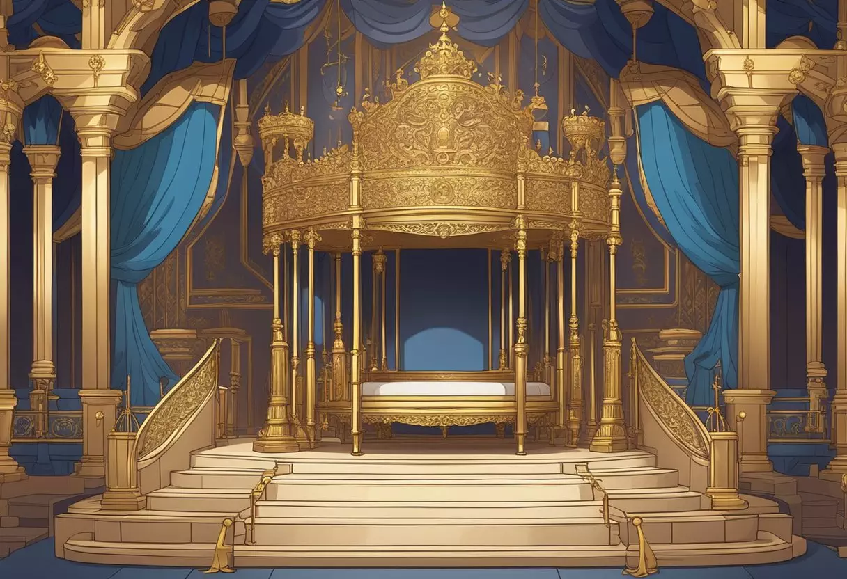 A grand throne room filled with ornate decorations, regal banners, and a golden cradle adorned with the words 