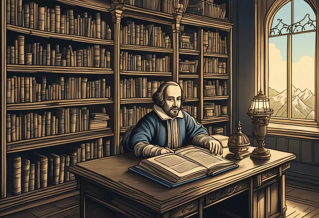 A bookshelf with Shakespeare's works, a crib with 