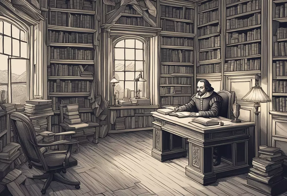 A cozy study with a desk covered in books, a quill pen, and parchment. A portrait of Shakespeare hangs on the wall, inspiring creativity