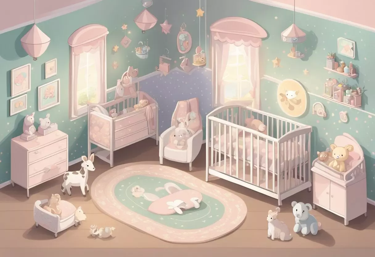 A light-skinned baby girl's room with soft pastel colors and a crib adorned with a mobile of cute animals