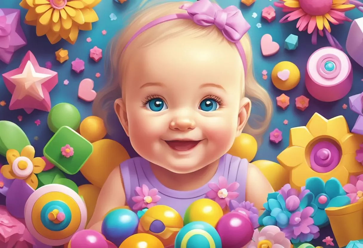 A smiling baby girl surrounded by colorful toys and flowers