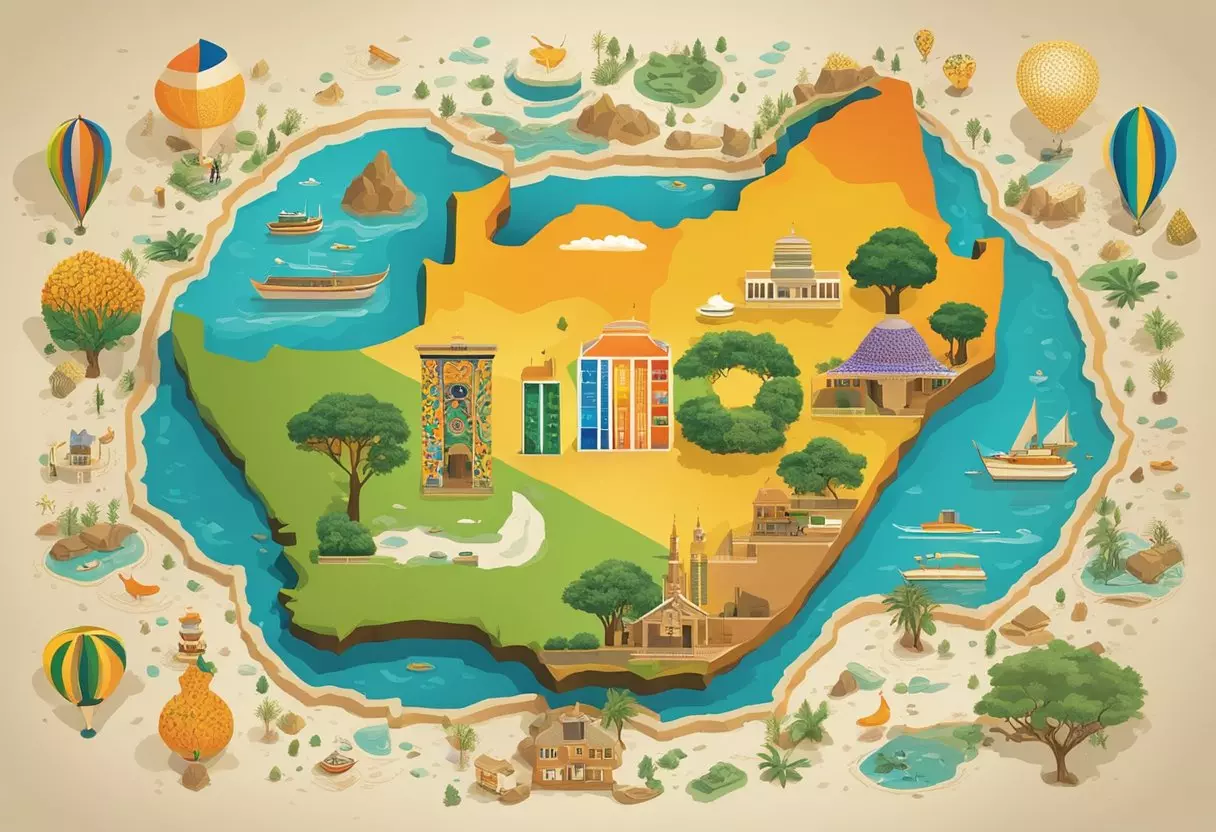 A colorful map of South Africa surrounded by traditional African patterns and symbols, with the words 