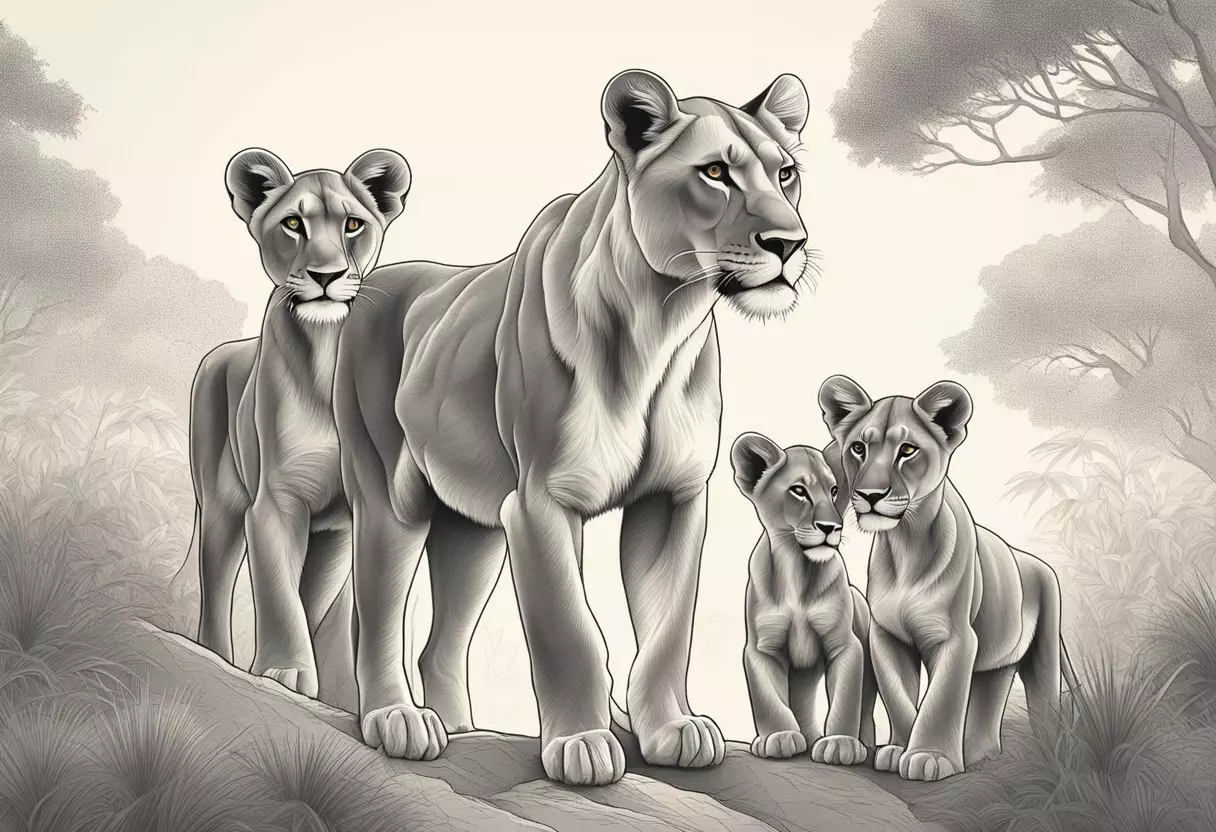 A lioness standing proudly with her cubs, symbolizing strength and protection