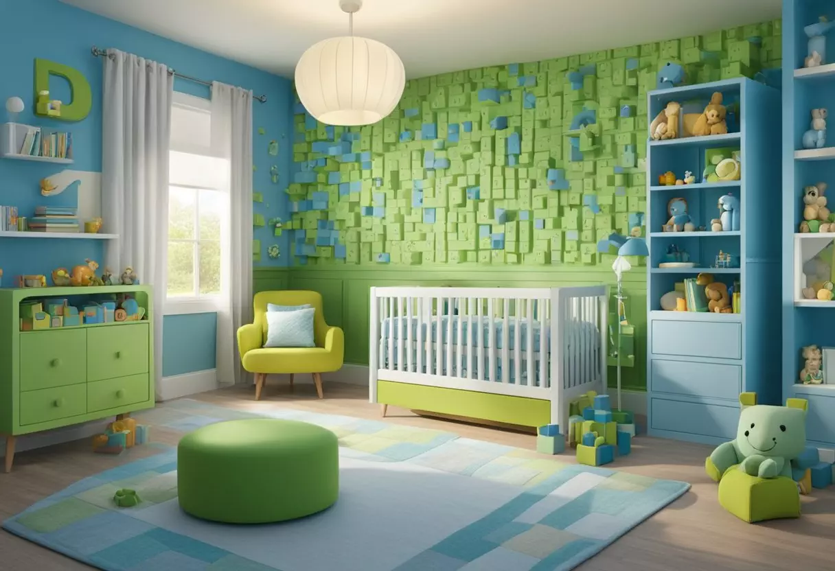 A nursery with a wall covered in alphabet blocks, with the letter 