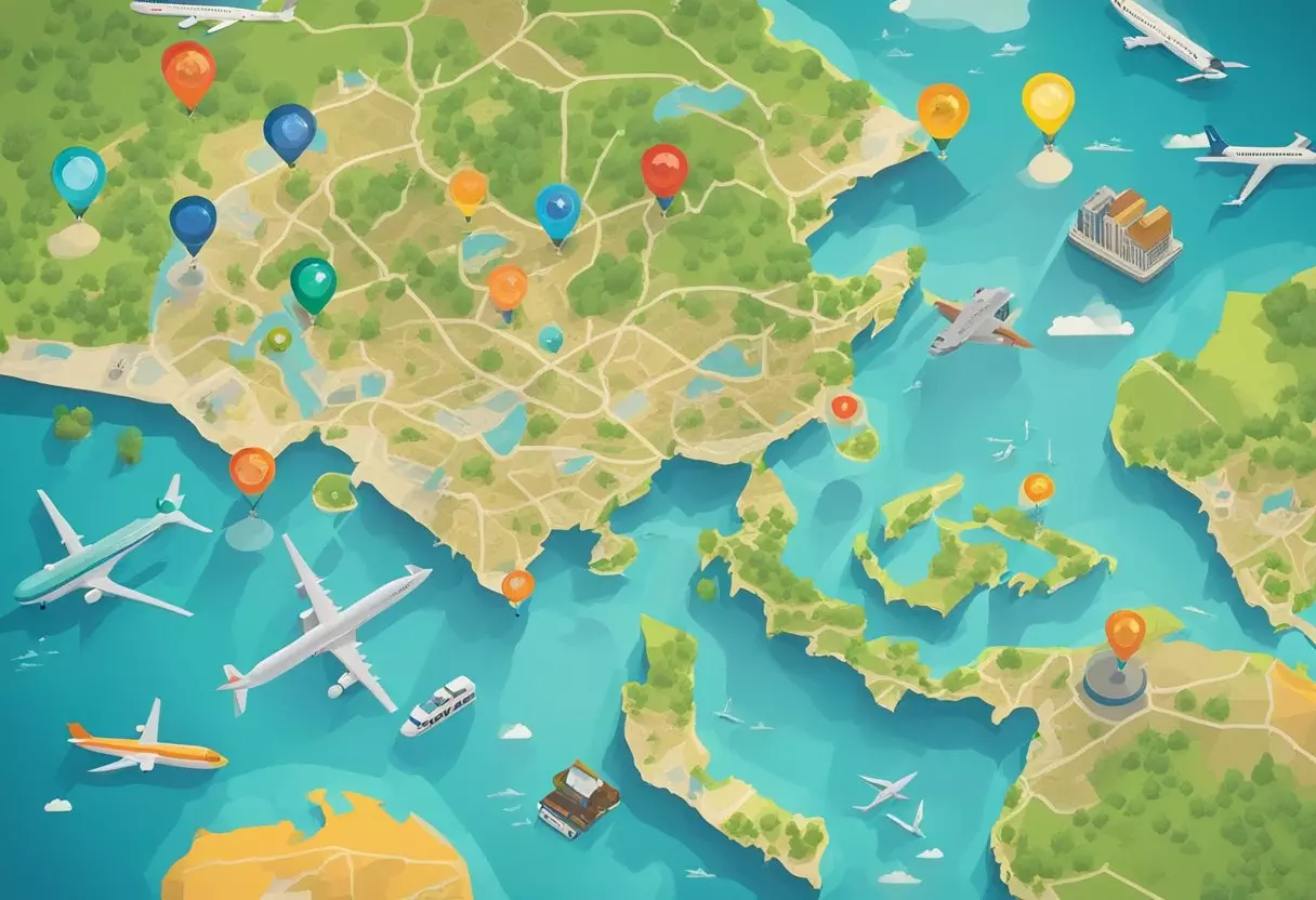 A map of the world with colorful pins marking different locations, surrounded by travel-themed items such as suitcases, airplanes, and passports