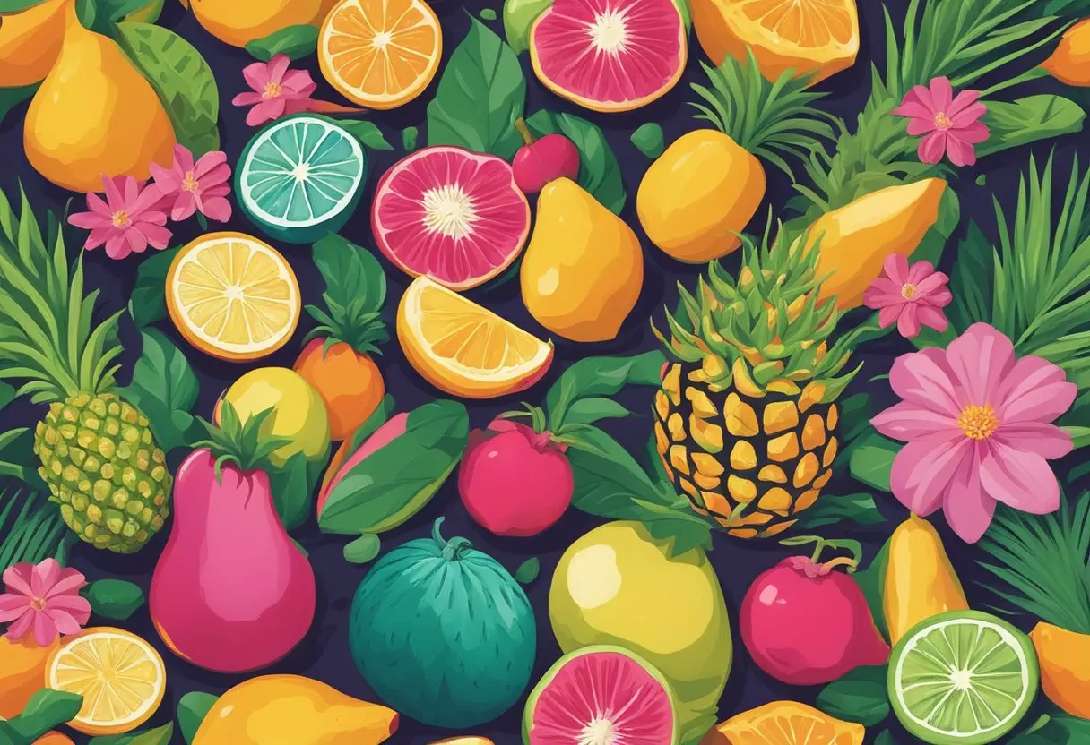 A colorful array of tropical fruits and flowers with the words 