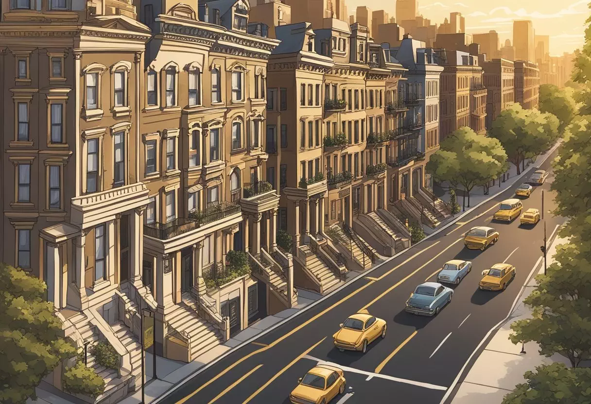 A bustling street lined with elegant brownstone buildings, with a sign reading 