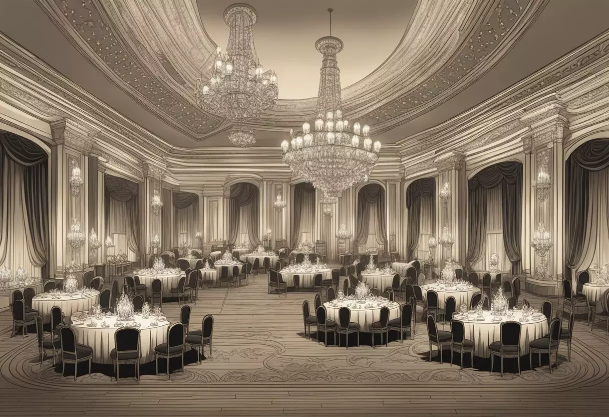 A grand ballroom filled with elegant chandeliers and ornate furniture, adorned with lavish name cards displaying upper class baby names