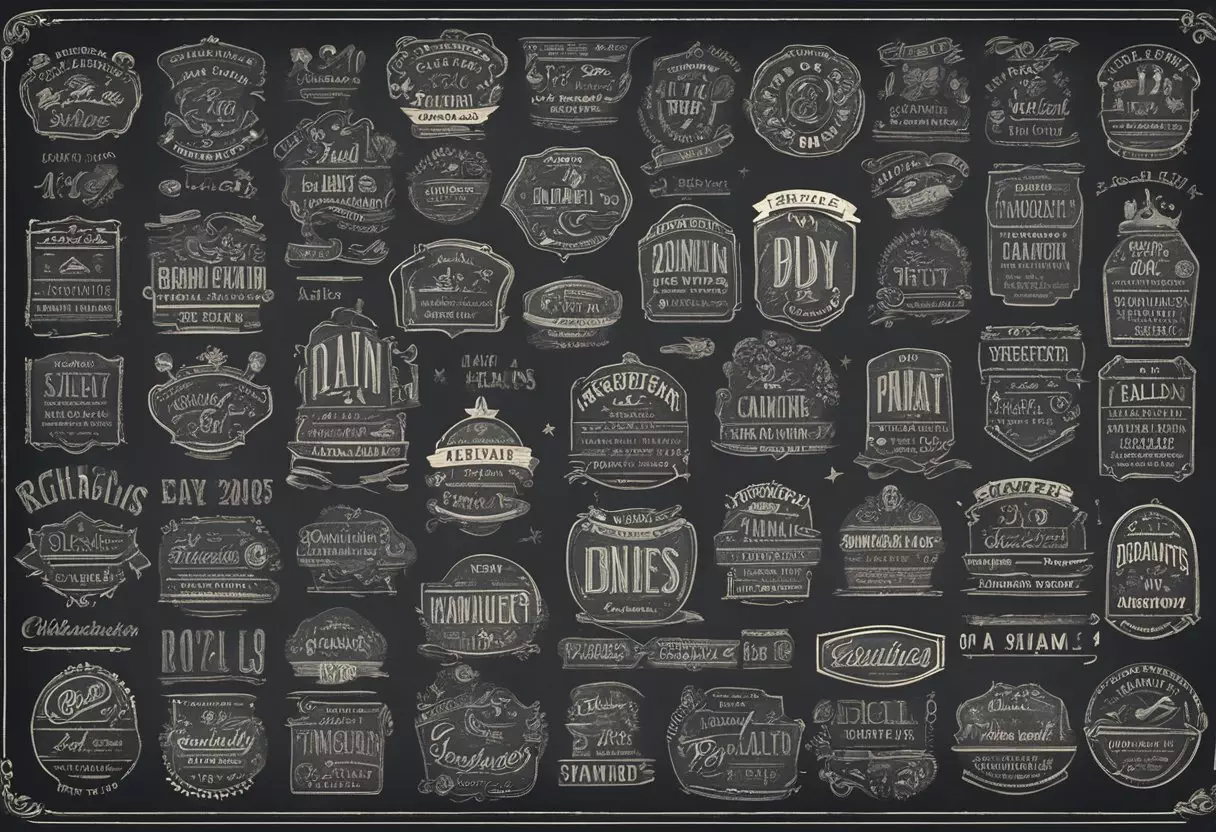 A collection of unique and underused baby boy names displayed on a vintage-inspired chalkboard surrounded by colorful and playful illustrations