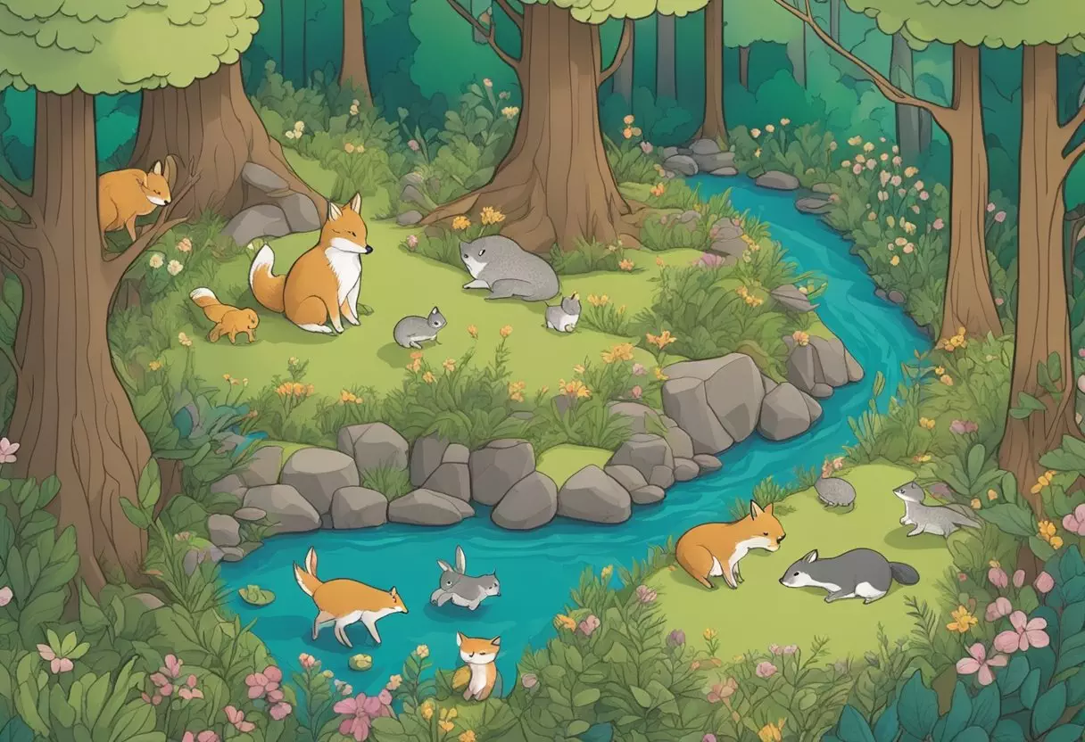 A serene woodland setting with a gentle stream, blooming wildflowers, and a family of woodland creatures gathering around a cozy nest of baby animals