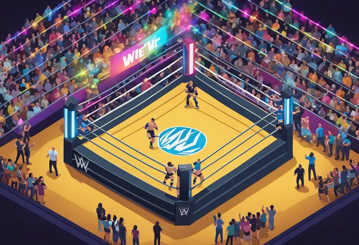 A wrestling ring with the WWE logo, surrounded by cheering fans and colorful lights, with a list of 