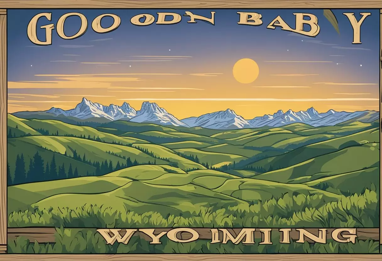 A picturesque Wyoming landscape with rolling hills, a clear blue sky, and a rustic wooden sign that reads 