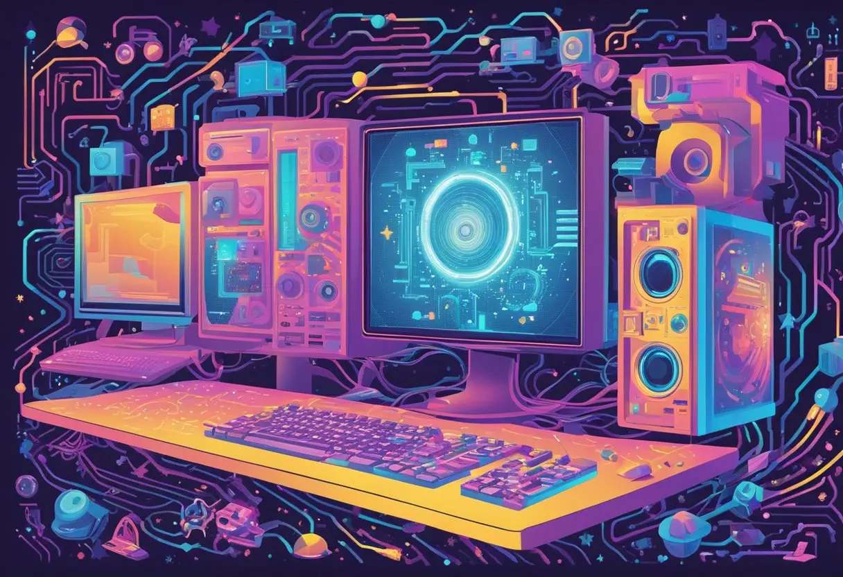 A colorful array of Y2K-themed baby girl names swirl around a glowing computer screen, surrounded by retro tech and vibrant patterns